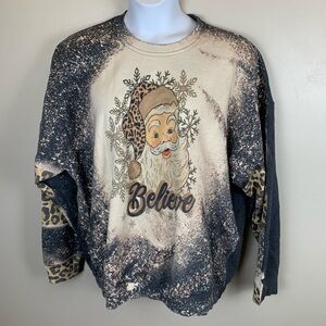 Believe Santa Christmas Sweatshirt Womens 3x Bleach Out Animal Print Holiday